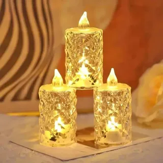 3 Stück Crystal Flameless Candle Light, Flammenlose Kristall-Kerzenlichter, Flammenlose LED Kerzen Teelichter, Blinkende batteriebetriebene LED-Kerzen, für Hochzeiten, Halloween, Weihnachten (L)