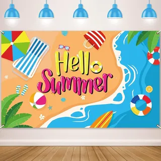 Sommerfest Banner Hello Summer Banner 110 X 180 Cm Pool Beach Hawaii Party Deko Fotoleinwand Hintergrund Sommer für Schwimmbad, Strand, Sommerdeko