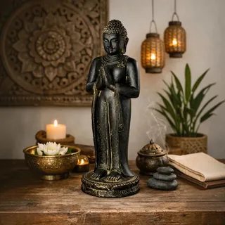 Buddha Figur stehend betend – Garten Terrasse Eingangsbereich Deko – Wetterfest – Stein Statue Namaste schwarz gold – 50x18x - Schwarz/Gold
