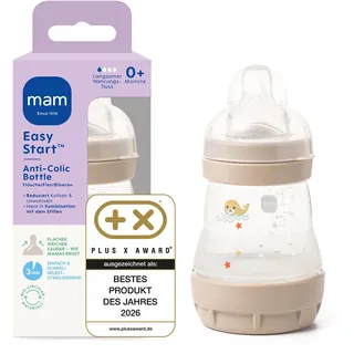 MAM Easy Start Anti-Colic Babyflasche 160 ml, 0+ Monate, Robbe beige | Selbst-sterilisierend in der Mikrowelle in 3 Min, Anti-Kolik-Bodenventil, brustähnlicher SkinSoft Sauger, ab Geburt