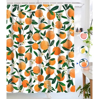 Lifeel Orange Duschvorhänge, Allover Fruits Duschvorhang Rund Zitrusmuster Design Wasserdicht Stoff Badezimmer Duschvorhang Set mit 12 Haken, Orange Grün