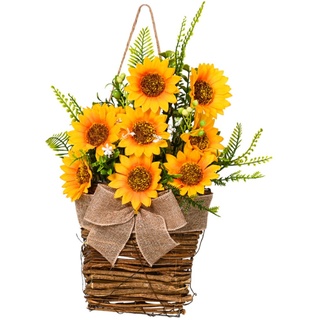 Warmhm Sonnenblumenkorb Rattan-Vase Wandvase Weihnachtskranz Sonnenblumen-Dekor Künstliche Sonnenblume Mit Rattan-Vase Sonnenblumenpflanzen Türkranz Handgefertigt Dekorieren