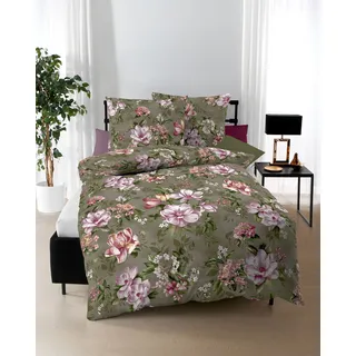 KAEPPEL Magnolia Floral Baumwolle Oliv 155 x 220 cm + 80 x 80 cm