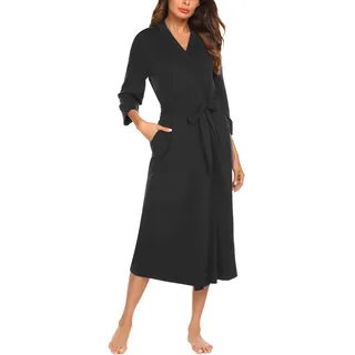 UNibelle Damen Morgenmantel Kimono Satin Kurz Robe Bademantel Nachtwäsche Sleepwear V Ausschnitt mit Gürtel Schwarz XXL - XXL