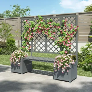 LAKFEW Pflanzkübel mit Bank 2 Sitzer, Pflanzgefäß mit Sichtschutz und Rankgitter, Rankkasten Holz Blumenkasten Rankhilfe mit Spalier, Blumenkübel für Kletterpflanzen Korbpflanzen, 169x42x145 cm, Grau