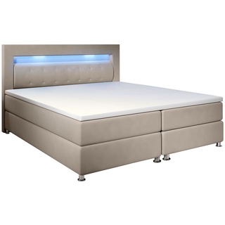 Juskys Boxspringbett Vancouver 140x200 cm - Bett mit LED, Topper & Federkern-Matratzen – Stoff Beige