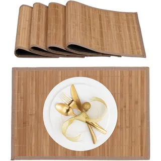 Relaxdays Tischset, 4er Set, Bambus, Stoffrand, rutschhemmend, 45x30 cm, Teller, Esstisch, eckiges Platzset, Natur