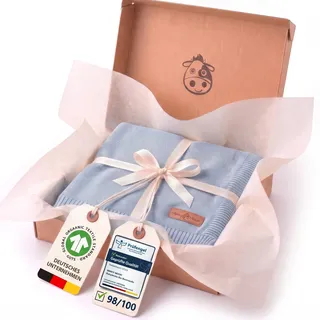 Minky Mooh® - Babydecke aus 100% Bio Baumwolle (Öko-Tex 100) Gr. 94x72cm blau - Baby & Kuscheldecke Geschenk für Neugeborene zur Geburt Erstausstattung - Pucktuch & Baumwolldecke Mädchen & Jungen