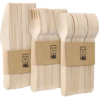 H&S Einweg Holzbesteck Set - 150 Stück Party Besteck - Je 50 Stück Löffel Messer Gabeln - Cutlery Set - Einwegbesteck stabil - Holzlöffel Messer