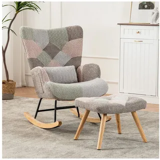MODFU Schaukelstuhl mit Holzsockel (Loungesessel, 2 St), inklusive Fußstütze (49*38*37 cm) und Lendenkissen bunt 68 cm x 97 cm x 83 cm