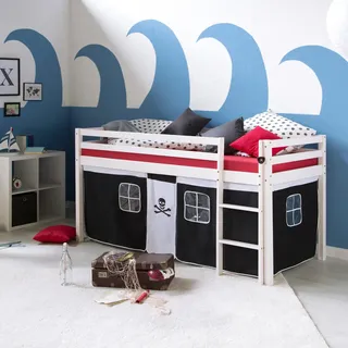 Homestyle4u Hochbett 90 x 200 cm Kiefer massiv weiß Pirat