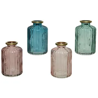 MARELIDA Mini Glas Vase mit Rillen Blumenvase Deko Glasflasche mit Goldrand 4St