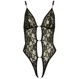 Abierta Fina Stringbody Ouvert Spitzen-Body - schwarz, gold (1-tlg) mit offenem Schritt schwarz S
