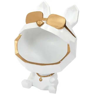 HOME DECO FACTORY Skulptur Hund mit Brille Ablage 23 cm Weiß und Gold | Resin, Skulptur Hund mit Brille und Ablageschale, 23 cm, schickes modernes Design, ungiftig, Geschenk, Weiß und Gold