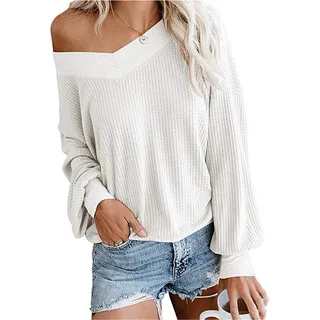 Dreamskull Damen Frauen Pullover Blusen Shirt Longpulli Oberteile Longshirt Bluse Long Locker Elegant Langarm Schulterfrei Tunika Party Stretch Tops T-Shirt - S