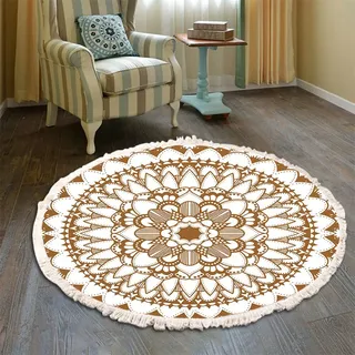 Bohemian Teppich Rund - Mandala Muster Mit Quasten, Waschbarer Baumwolle für Wohnzimmer Schlafzimmer (180cm, Braun)