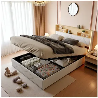 Simurq Polsterbett 160x200cm mit Stauraum, LED, USB & Kopfteil-Regal, Weiß (Ohne Matratze), Funktionsbett,Jugendbett mit Lattenrost und Led, PU weiß
