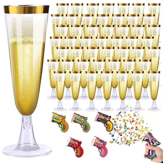 50 Sektgläser Plastik Kunststoff Einweg Sektglas Champagner Gläser + 5 Konfettikanone 160ml Mehrweg Günstig Sektflöten Einmal für Sektempfang, Hochzeit, Geburtstag, Party, für Cocktail, Dessert