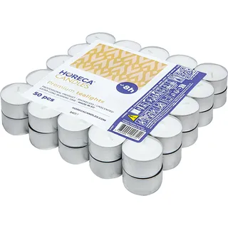 Horeca Candles - Teelichter 8 Stunden Brenndauer - Weiß - 50 Stück - Aluhülle - Kerzen zum Feiern, Deko, Hochzeit, Gastro, Party - Unparfümiert - Premium Qualität