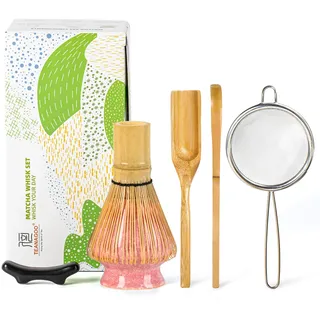TEANAGOO Matcha Schneebesen Set,Matcha Schneebesen (100 Zinken) mit rosa Halter,6-PCS Traditionelles Starter Set,Schaufel (Chashaku) für die Zubereitung von Milchkaffee,Geschenk für Freund/Familie