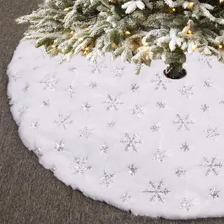 Sensong 90CM Weihnachtsbaum Decke Weißer Schneeflocke | Weiss Plüsch Kunstfell Weihnachtsbaumdecke Christbaumständer Dekorationen Teppich