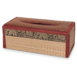 Kitama Kosmetiktücherbox Taschentuchbox aus natürlichem Bast mit Elefantenmuster - Tuchspender Tissuebox für Taschentücher Kosmetiktücher - Made in Thailand (Rot/Gold)
