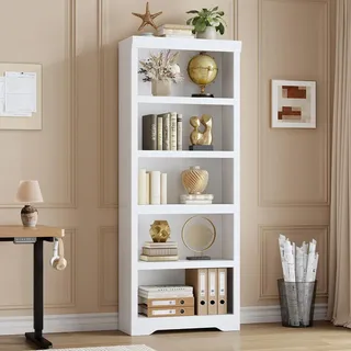 Garvee Landhaus Bücherregal 5 Ebenen Standregal MDF 60 × 29,5 × 174,5 cm | Mit verstellbaren Einlegeböden und Anti-Kipp-Sicherung – ideal für Wohnzimmer, Home Office & Arbeitszimmer, warmweiß