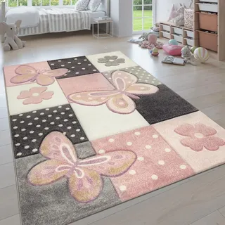Paco Home Kinder Teppich Kinderzimmer Schmetterlinge Karo Muster Punkte Blumen 200x290 cm - Bunt