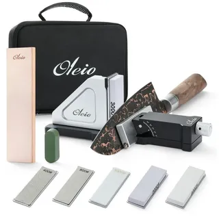 Oleio Messerschärfer Rollschleifer-Set stufenlos einstellbar 5 Schleifplatten + Abziehleder, Stufenlos einstellbarer Schleifwinkel schwarz|silberfarben