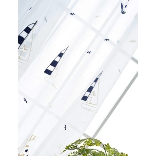 Lactraum Vorhänge Kinderzimmer Junge Maritim Transparent Weiss Segelboot mit Ösen Voile Bestickt 145 x 245cm