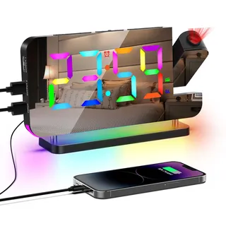 Lancoon Projektionswecker Bunter Wecker mit Radio Spiegelfläche mit 11 RGB Farbdisplay 10 Farben Nachtlicht LED Tischuhr für Schlafzimmer Haus Schwarz
