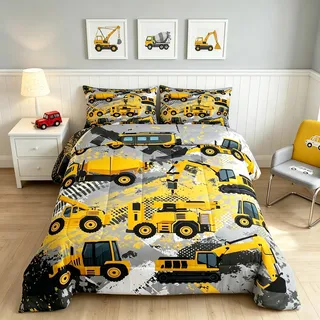 Feelyou Kinder-Bettwäsche-Set für Jungen, Cartoon-Autos, Bagger, Traktor, Tröster-Set, Baumaschinen, LKW, Autos, Bett-Set mit 1 Kissenbezug, Gelb, Größe: Twin, Zeitgenössisch, für Kinder