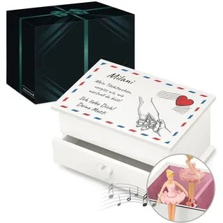 Maverton personalisierte Musik Schmuckdose mit Aufzieh-Spieluhr - Schmuckkästchen Ballerina - Musikspieldose für Mädchen zur Geburt - zum Geburtstag - zu Weihnachten - mit Schublade - Briefumschlag