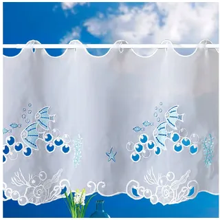 heimtexland Scheibengardine Badezimmer Deko Gardine maritim bestickt 45x112 cm, Ösen (1 St), transparent, Voile, Bistrogardine I farbige Stickerei I Fensterdeko Fisch weiß