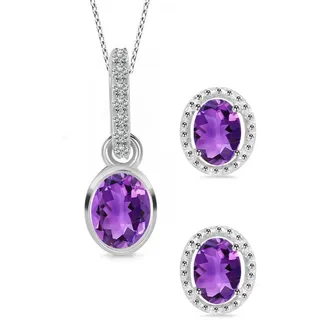 Limana Ohrring und Ketten Set echte Edelsteine Amethyst u. Topas 925 Silber Anhänger mit Ohrstecker (inkl. Herz Schmuckdose, Halskette Schmuckset), Geschenkset Idee Geschenk für Sie Frauen Damen Freundin Mutter Oma lila