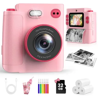 MYSTILUCK Sofortbildkamera Kinder, 1080P HD Kinderkamera Sofortbildkamera | Kamera Kinder Sofortdruck mit 32GB Karte & DruckerPapier,Geburtstag & Weihnachten Geschenke für Jungen/Mädchen 3-12 (Rosa)