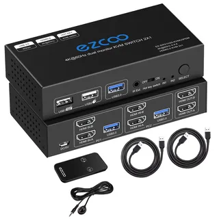 HDMI KVM Switch Dual Monitor 4K 60Hz USB 3.0 2 Ports with Hotkey 18Gbps HDCP2.3 2x HDMI Extended Display Share 2 PC with one Keyboard Mous HDR D-olby Vision VRR IR Remote Control