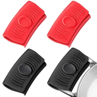 4 Silikon Topfgriff-Schoner in Schwarz und Rot, Hitzebeständige und Rutschfeste Topflappen für Gusseisenpfannen und Ofenschalen, 2 Paar Klemmgriffe zum Kochen und Backen