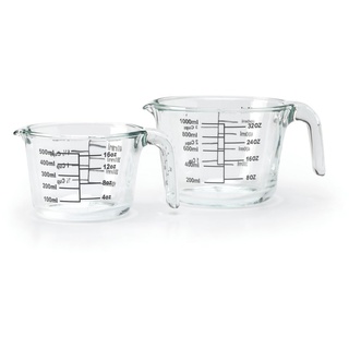 Qdesign - Set aus 2 Küchenmessbechern 500ml & 1000ml - Temperaturbeständiger Glasmessbecher -40°C / 460°C - Dosierer ml, oz, Tassen - Henkel - Transparent