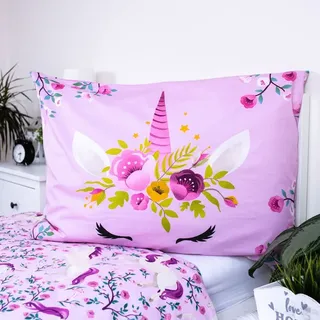 Jerry Fabrics Einhorn Wende Bettwäsche Blumen Rosa 140 x 200 cm + 70 x 90 cm