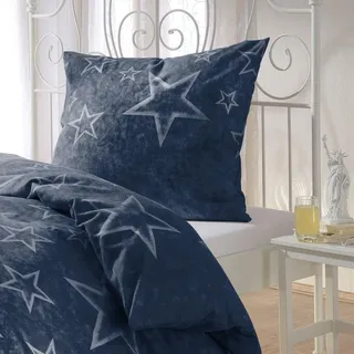 BettwarenShop Biber Bettwäsche Sterne Blau 155 x 220 cm + 80 x 80 cm