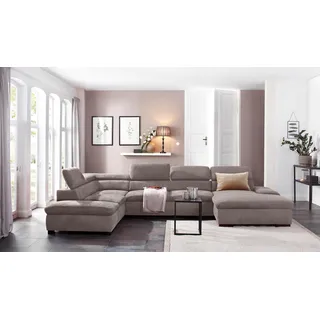 Wohnlandschaft HOME AFFAIRE "Alberto U-Form", grau (taupe), B:350cm H:73cm T:228cm, 90% Polyester, 10% Polyamid, Microfaser in Antiklederoptik (100% Polyester), Luxus-Microfaser Vintageoptik (100% Polyester), Luxus-Microfaser weich (90%Polyester 10%Polyamid), Sofas, mit Kopfteilverstellung, wahlweise mit Bettfunktion, Topseller