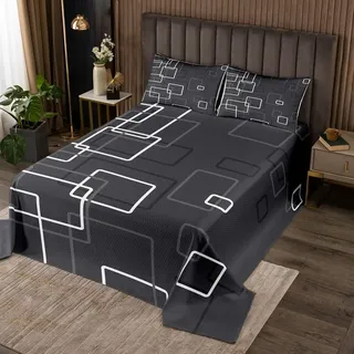 Homewish Schwarz Grau Weiß Steppdecken Set Geometrisches Quadratisches Tagesdecken Set für Kinder Jungen Mädchen Geometrie Ombre Streifen Tagesdecke 220 x 240 cm Moderne Bettdecke Im Einfachen Stil