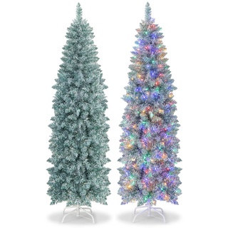 COSTWAY 180cm künstlicher Weihnachtsbaum Bleistift, LED Tannenbaum mit Beleuchtung, schlanker Christbaum mit mehrfarbigen Lichtern, Kunstbaum mit Metallständer für Weihnachten, Grün+Weiß