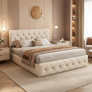 JiaOyu Polsterbett 140x200 cm, Doppelbett mit hydraulischer Hebefunktion und Verstellbares Kopfteil, Bettgestell mit Stauraum, Gepolstertes Bett Stauraumbett Funktionsbett, ohne matratze (140X200CM)