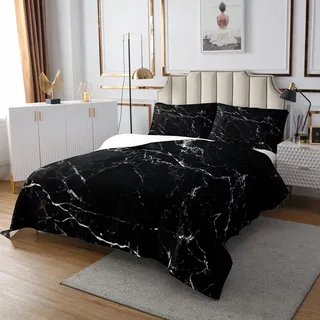 Homewish Marmor Tagesdecke 220x240, Damen Teens Chic Schwarz Marmor Tagesdecke Steinmuster Abstrakt gesteppt Für Kinder Jungen Weiche Mikrofaser Tagesdecke Steppdecke Set Mit 2 Kissenbezüge