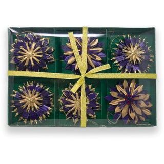 12-teiliges Strohsterne-Set mit 3 verschiedenen Motiven in Gold und blau mit Glitzerstaub in hübscher Geschenkverpackung für den Weihnachtsbaum