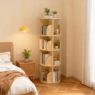 4-Stöckig Drehbares Bücherregal Massivholz - 360° Standregal - Boden Stehendes Bücherregals - Multifunktionales Bücherregal - AufbewahrungsregalLagerregal für Kinder, Erwachsene, Ø39cm, H129cm