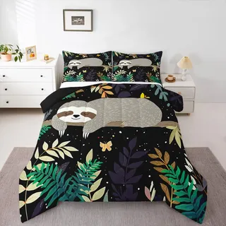 Feelyou Faultier Bettdecke, Niedliches Faultier Bettwäscheset für Kinder Jungen und Mädchen, Bettdecke Set mit Galaxie und Schmetterling, botanische Blätter im Inneren, 1 Bettdecken-Set mit 2