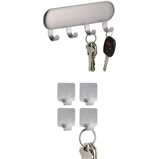 iDesign Schlüsselbrett mit Vier Haken, kleine Hakenleiste aus Edelstahl, Selbstklebende Wandhaken + Garderobenhaken, kleine Wandhaken aus gebürstetem Edelstahl